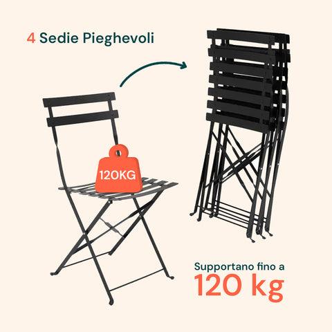 Set Koby Double Salotto Con Tavolo E 4 Sedie Pieghevoli In Metallo Antracite