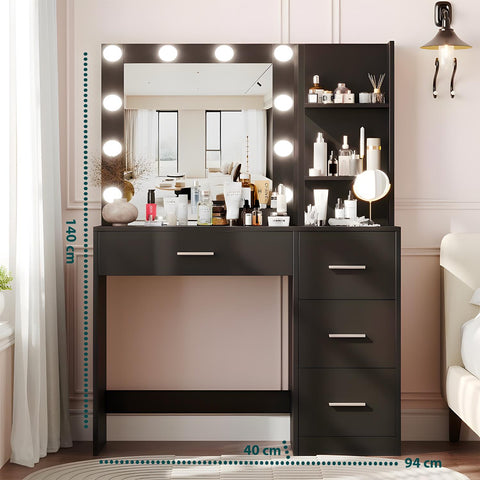 Scrivania con Specchio e Luci LED 3 Tonalità Naturale, Calda, Fredda per Make-Up e Organizzazione