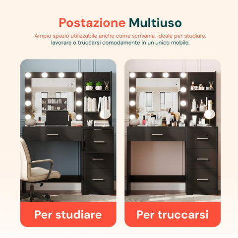 Scrivania con Specchio e Luci LED 3 Tonalità Naturale, Calda, Fredda per Make-Up e Organizzazione