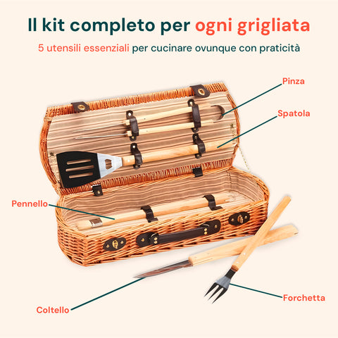 Cesto Set Bbq Portatile Con 5 Accessori In Valigetta Vimini