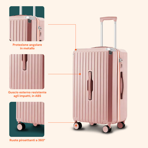 Valigie Trolley Rosa 56-66-76 cm in ABS con Doppie Ruote Girevoli