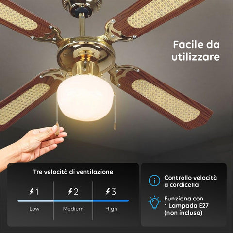 Ventilatore da Soffitto 60w con 4 Pale in Legno, 3 Velocità e Luci Integrate