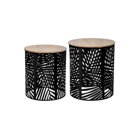 Set van 2 stapelbare tafeltjes van hout en zwart metaal