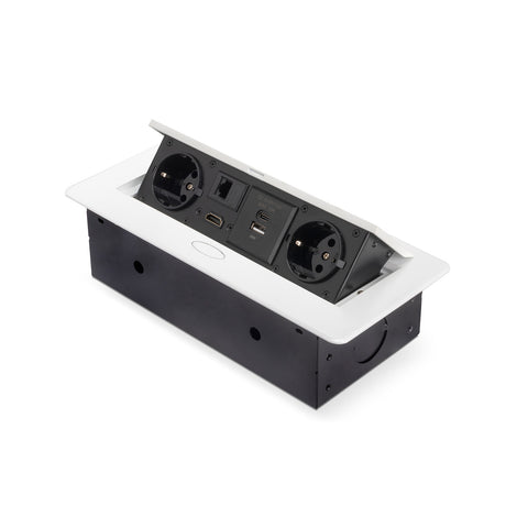 Inklapbare bureaustekkerdoos EU met 2 Schuko-stopcontacten, USB A+C, RJ45 en HDMI, wit