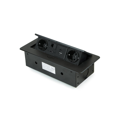 Inklapbare bureaustekkerdoos EU met 2 Schuko-stopcontacten, USB A+C, RJ45 en HDMI, zwart