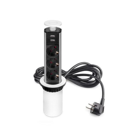 Verticale inklapbare bureaustekkerdoos EU met 3 Schuko-stopcontacten en 2 USB-poorten, ø 6 cm, wit