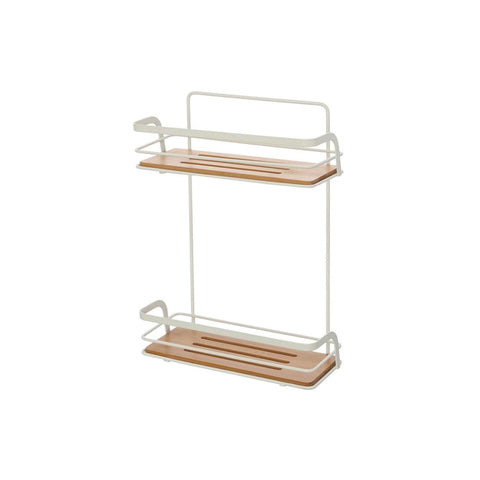 Rechthoekig doucherek met 2 planken van bamboe en wit staal, 26x36x10 cm