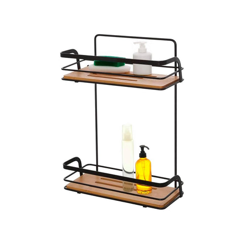 Rechthoekig doucherek met 2 planken van bamboe en zwart staal, 26x36x10 cm