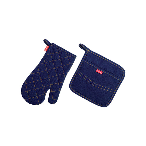 Set met ovenhandschoen en pannenlap van denim