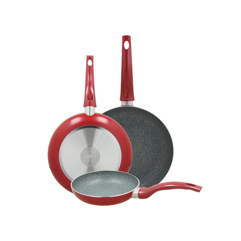 Set van 3 rode aluminium koekenpannen 20, 24, 28 cm