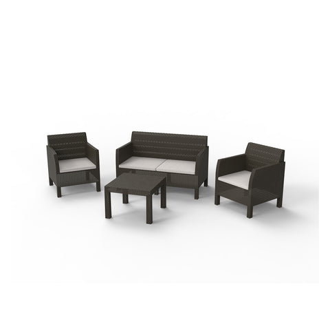 Set met tweezitsbank, 2 fauteuils en bijzettafel, bruin