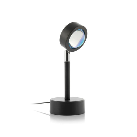 Lampada LED proiettore di tramonto a 180 gradi con base nera regolabile, testa orientabile e cavo alimentazione per atmosfera rilassante