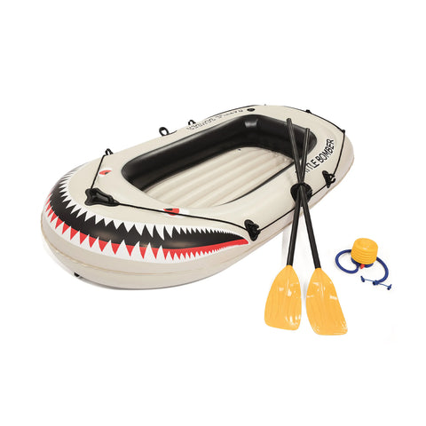 Kit completo canotto Battle Bomber con design squalo, due pagaie gialle e pompa manuale inclusa